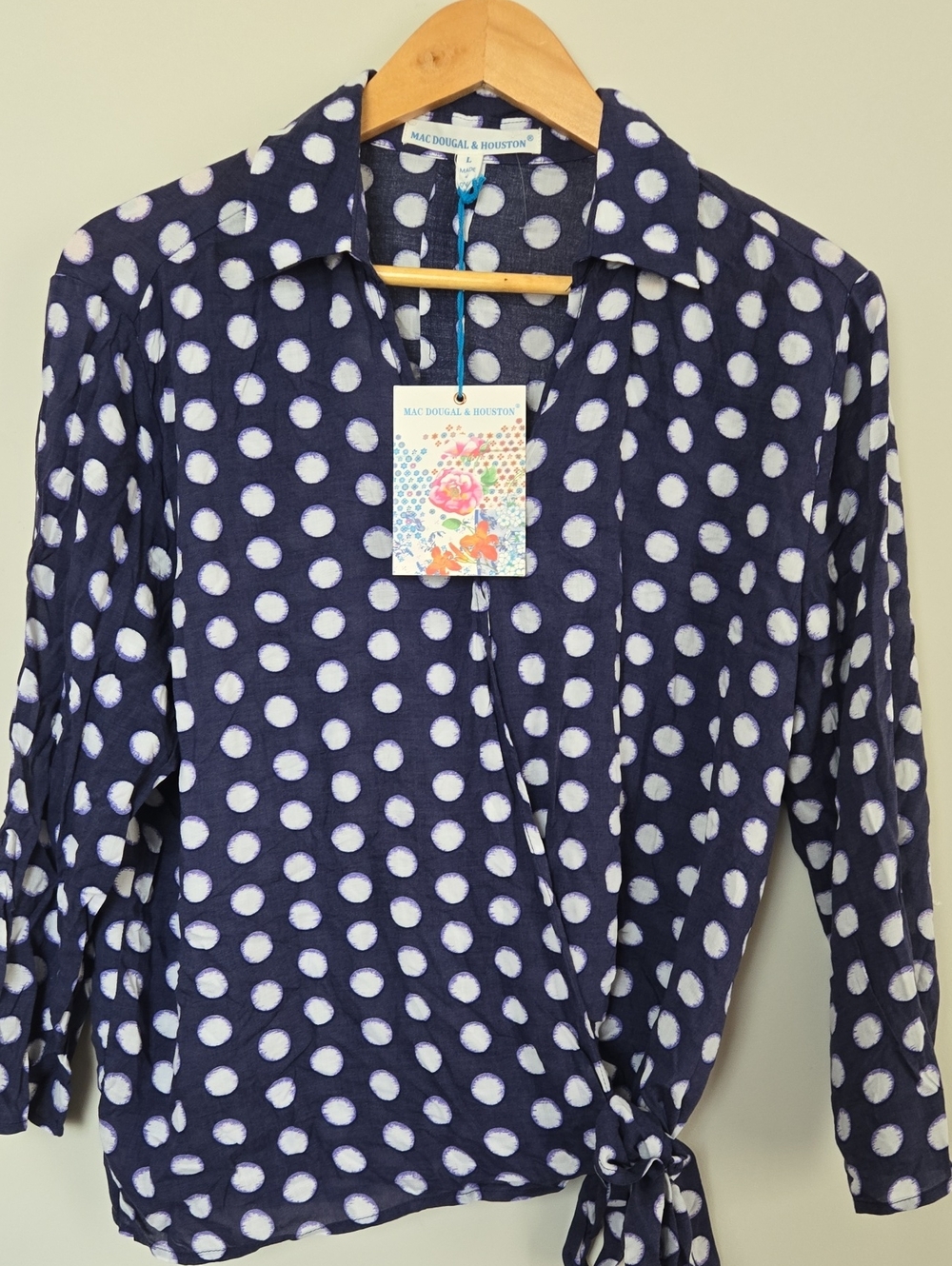 Navy Polka Dot Tie-Front Blouse